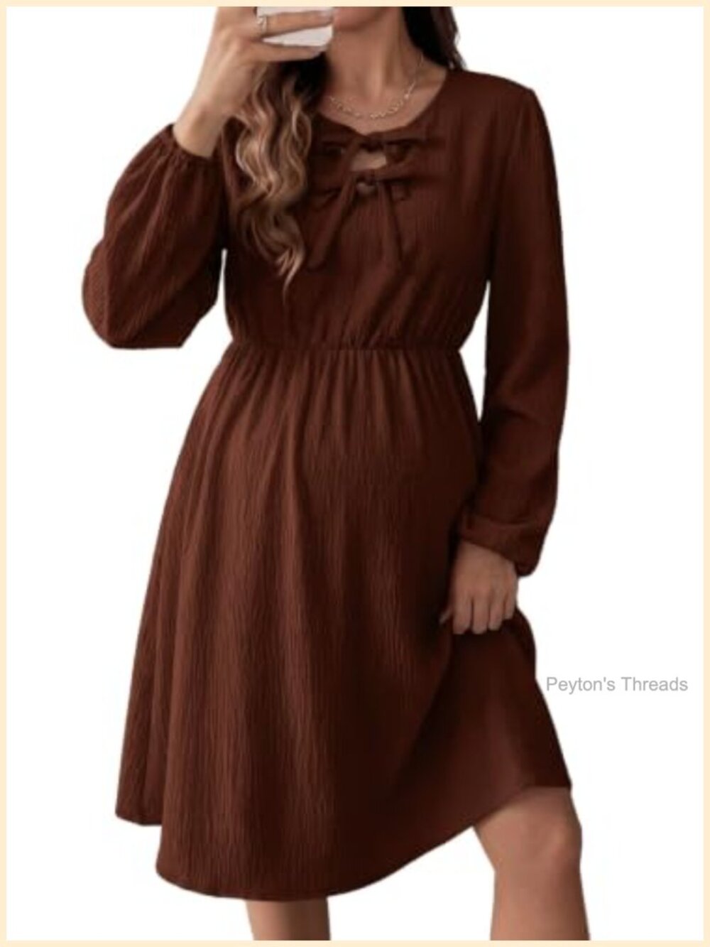 Women's Midi Dress Tie Neck Long Sleeve Maternity Casual Pockets
